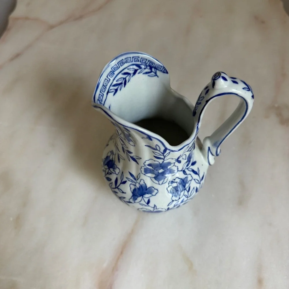 Andrea by Sadek Blue and White Floral Porcelain Pitcher Creamer Chinoiserie 5.5